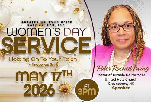 womens day banner with a picture of guest speaker Elder Rochell Irving. Click for details
